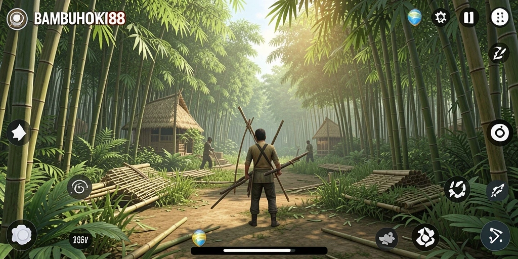 Tampilan gameplay BAMBUHOKI88 yang menawan dalam dunia bambu.