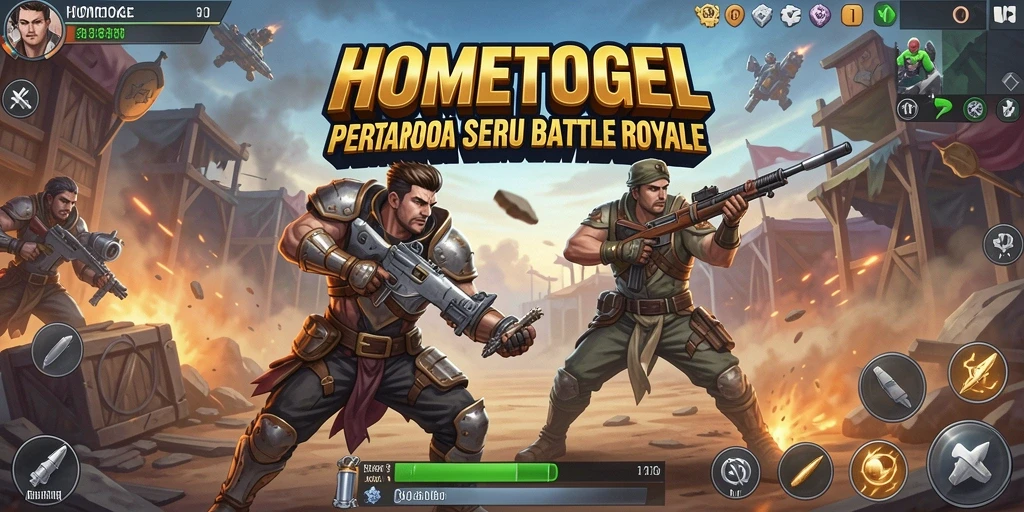 Screenshot utama HOMETOGEL menunjukkan aksi seru dalam pertarungan Battle Royale.