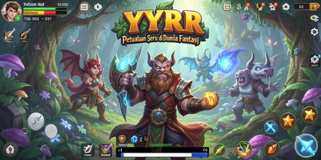 Screenshot gameplay YYRR menampilkan pertempuran epik dan eksplorasi dunia RPG.